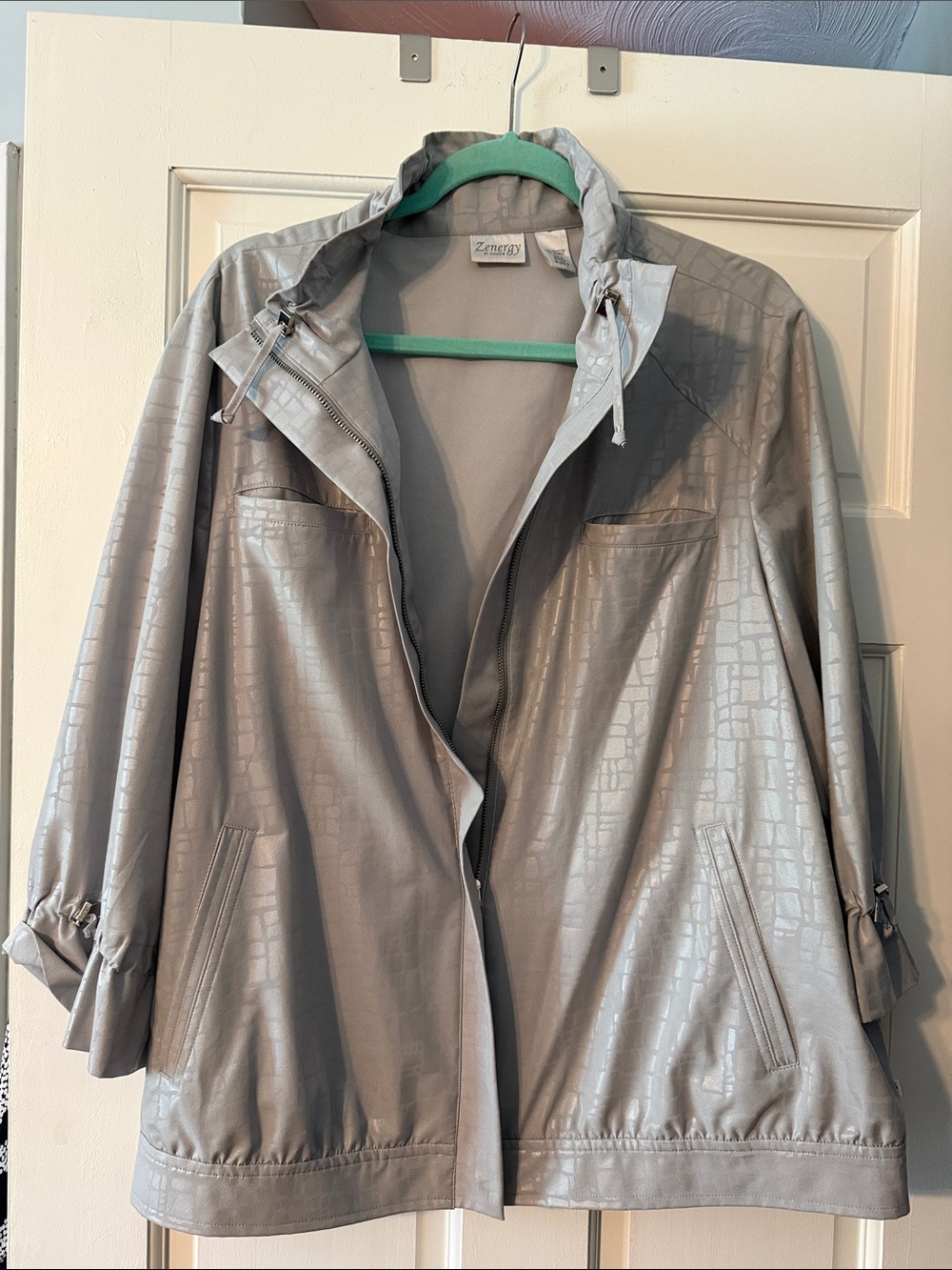 Chico's Metallic Silver Cropped Utility Jacket